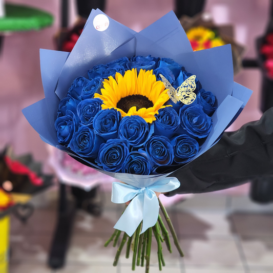 Ramo 24 Rosas Azules y 1 Girasol