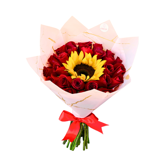 Ramo de 24 Rosas y 1 Girasol